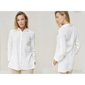 120% Lino Women's Linen Shirt White, with Ruffles and Back Lace-Up Size EU 44/12